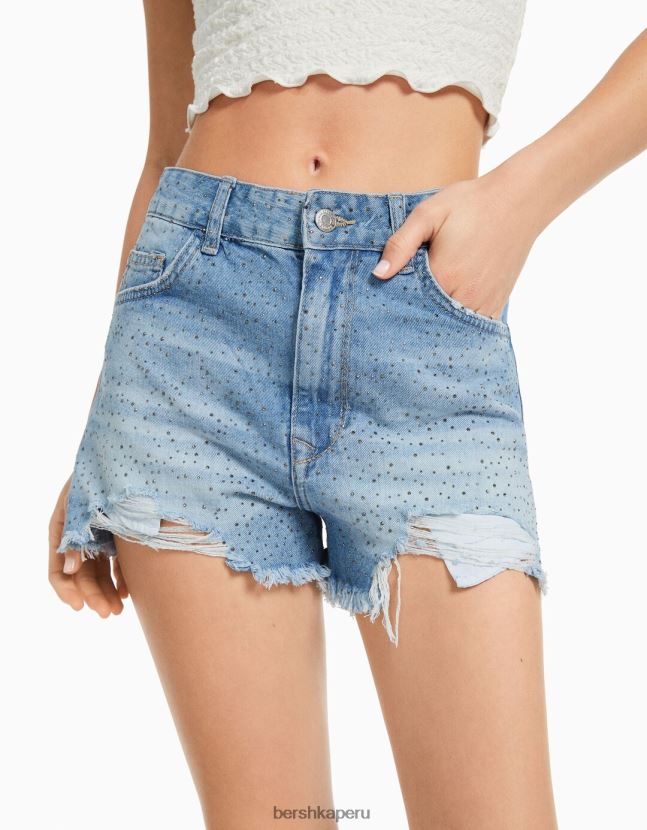 azul claro Bershka mujer shorts de mezclilla con pedrería 806J6B1716