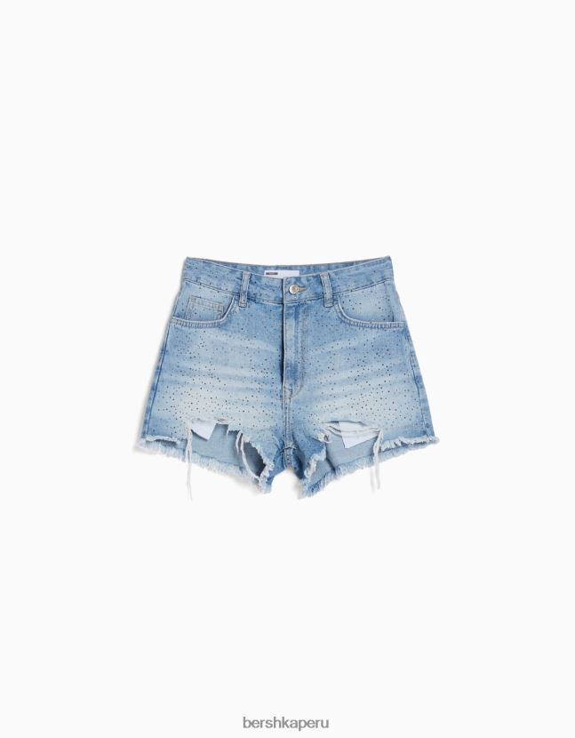 azul claro Bershka mujer shorts de mezclilla con pedrería 806J6B1716