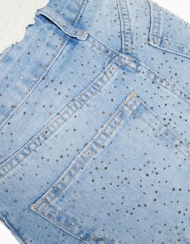 azul claro Bershka mujer shorts de mezclilla con pedrería 806J6B1716