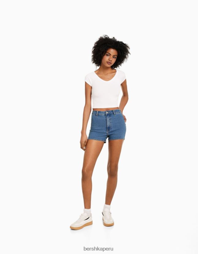 azul claro Bershka mujer shorts de mezclilla elásticos de tiro alto 806J6B1732