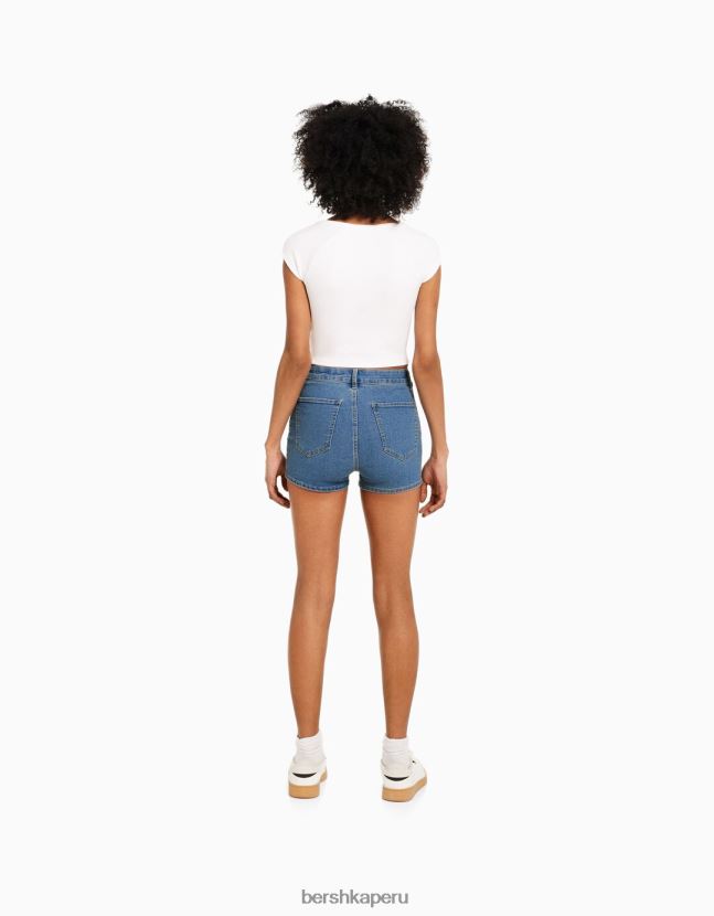 azul claro Bershka mujer shorts de mezclilla elásticos de tiro alto 806J6B1732