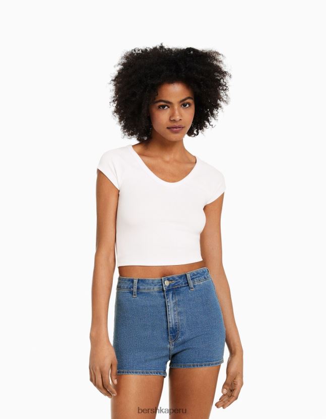 azul claro Bershka mujer shorts de mezclilla elásticos de tiro alto 806J6B1732