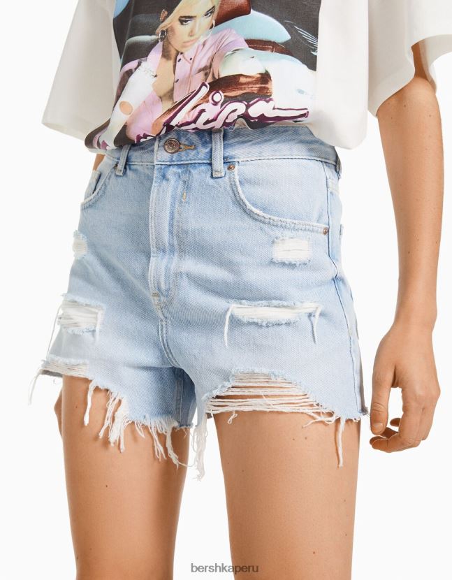 azul claro Bershka mujer shorts de mezclilla rotos con bolsillos 806J6B1712