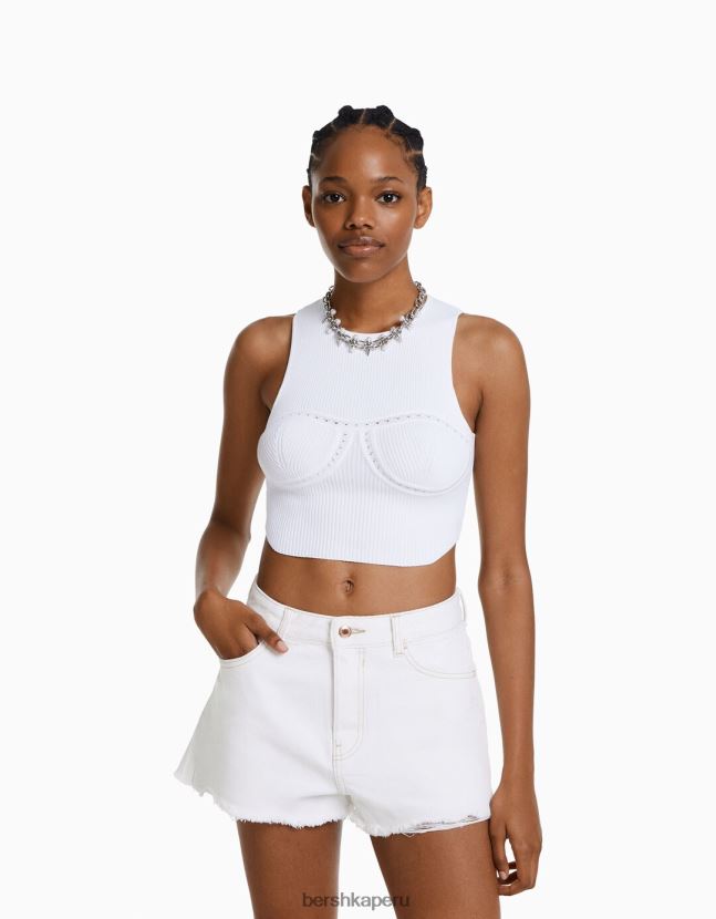 blanco Bershka mujer shorts de mezclilla rotos vintage 806J6B1718