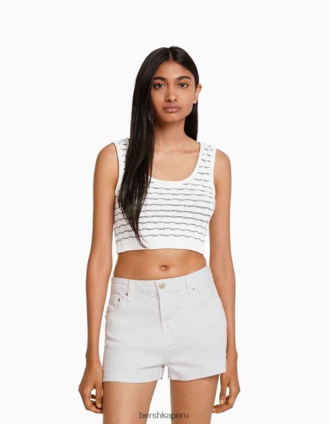 blanco Bershka mujer shorts de sarga confort con dobladillos vueltos 806J6B1696