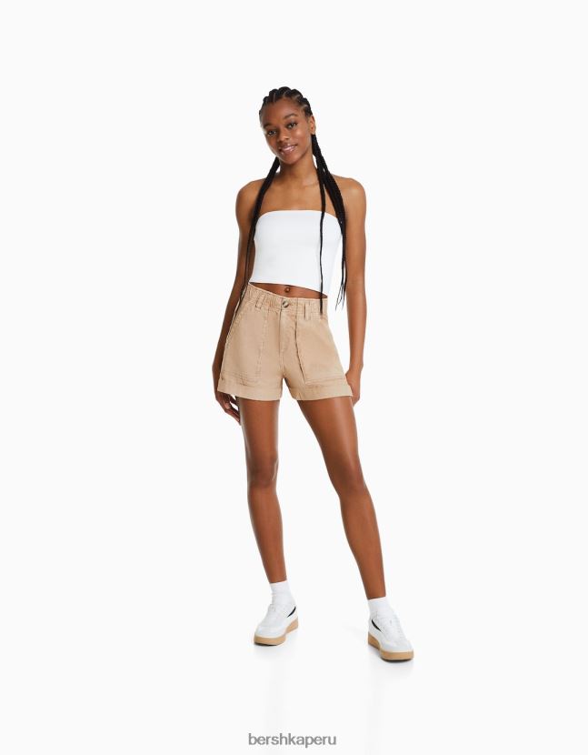 camello Bershka mujer bermudas de algodón con diseño de bolsa de papel 806J6B1690