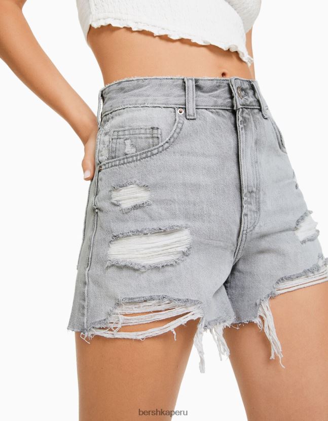 gris Bershka mujer shorts de mezclilla rotos con bolsillos 806J6B1937