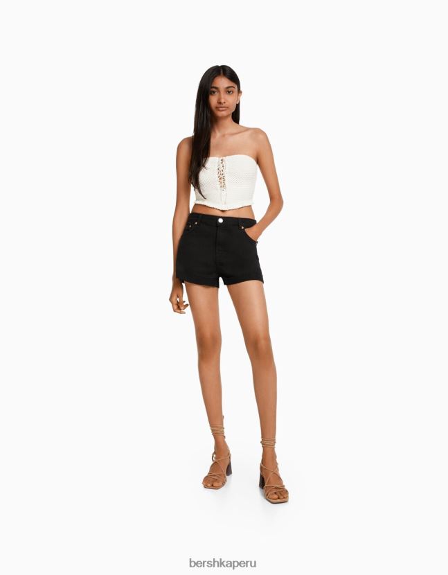 negro Bershka mujer shorts de sarga confort con dobladillos vueltos 806J6B1695