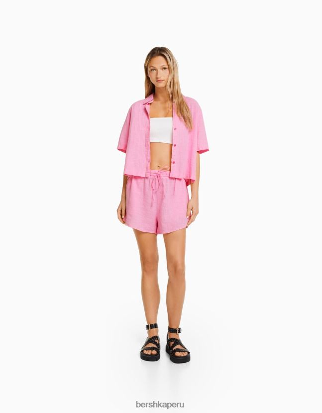 rosa Bershka mujer shorts rústicos con elástico fruncido 806J6B1709