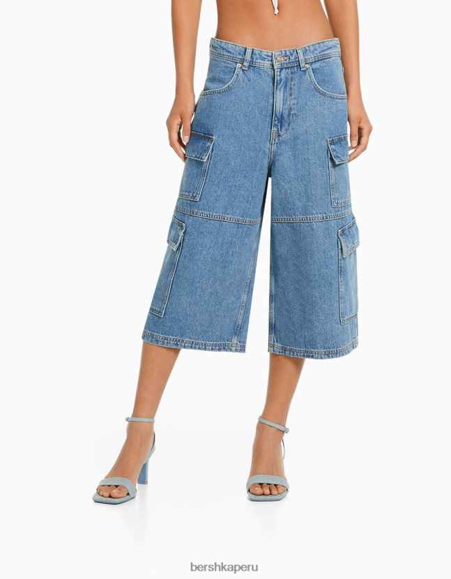 azul claro Bershka mujer bermudas cargo baggy de mezclilla 806J6B1391