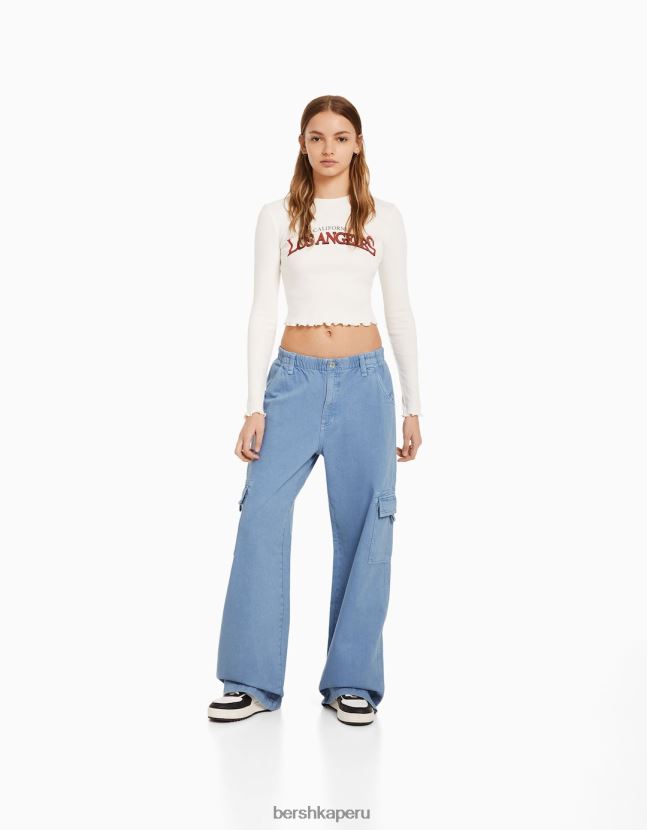 azul claro Bershka mujer pantalones cargo de sarga de corte recto con cinturilla elástica 806J6B1395