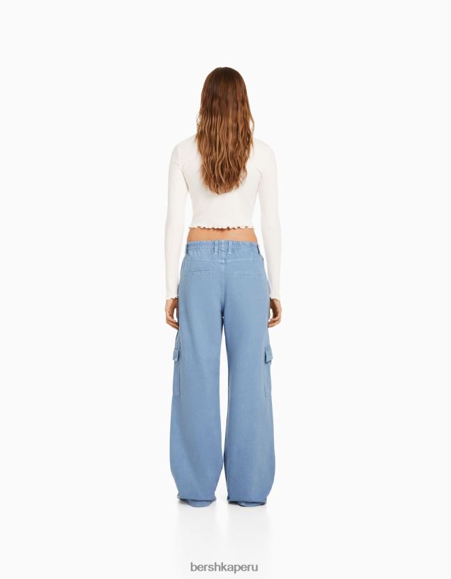 azul claro Bershka mujer pantalones cargo de sarga de corte recto con cinturilla elástica 806J6B1395