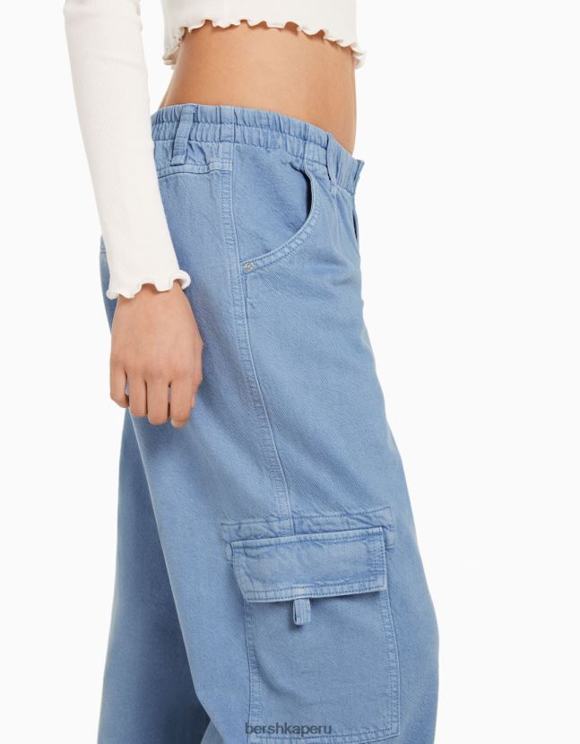 azul claro Bershka mujer pantalones cargo de sarga de corte recto con cinturilla elástica 806J6B1395