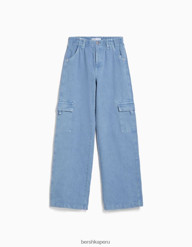 azul claro Bershka mujer pantalones cargo de sarga de corte recto con cinturilla elástica 806J6B1395