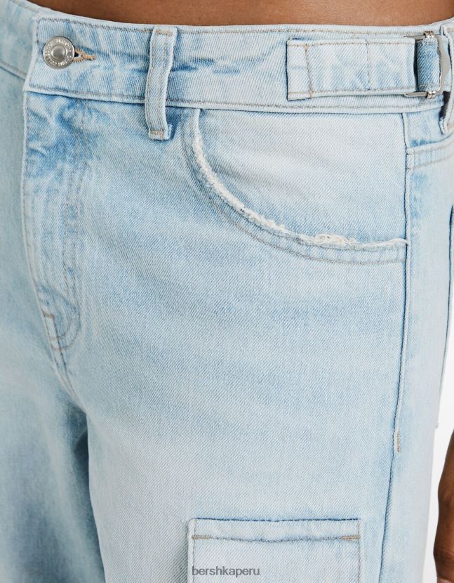 azul claro Bershka mujer vaqueros cargo con varios bolsillos y efecto desteñido 806J6B1291