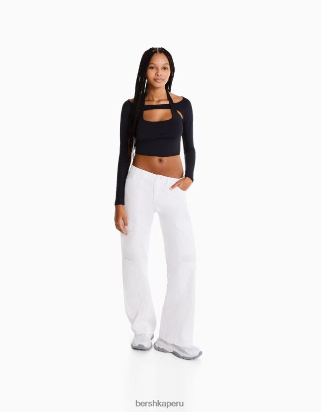 blanquecino Bershka mujer pantalones cargo de algodón de tiro bajo con hilo en contraste 806J6B1363