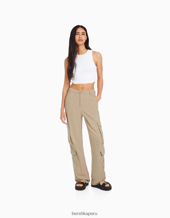 camello Bershka mujer pantalones cargo de sarga ajustables con múltiples bolsillos 806J6B1289