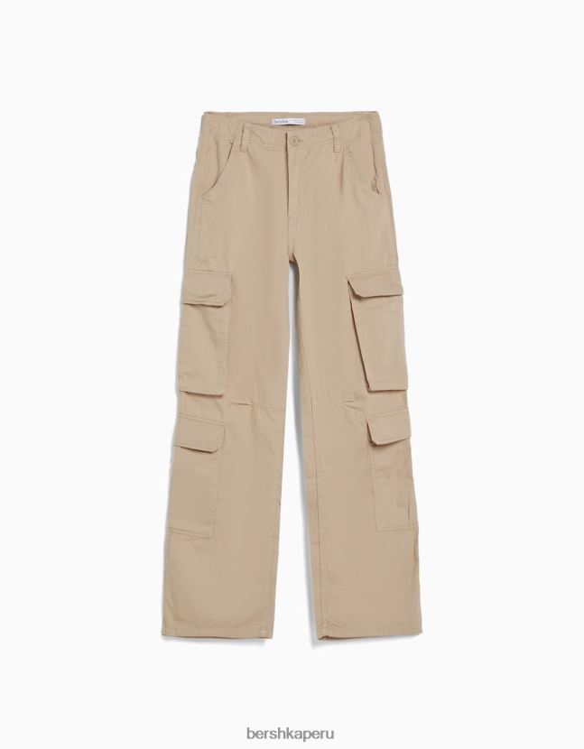 camello Bershka mujer pantalones cargo de sarga ajustables con múltiples bolsillos 806J6B1289