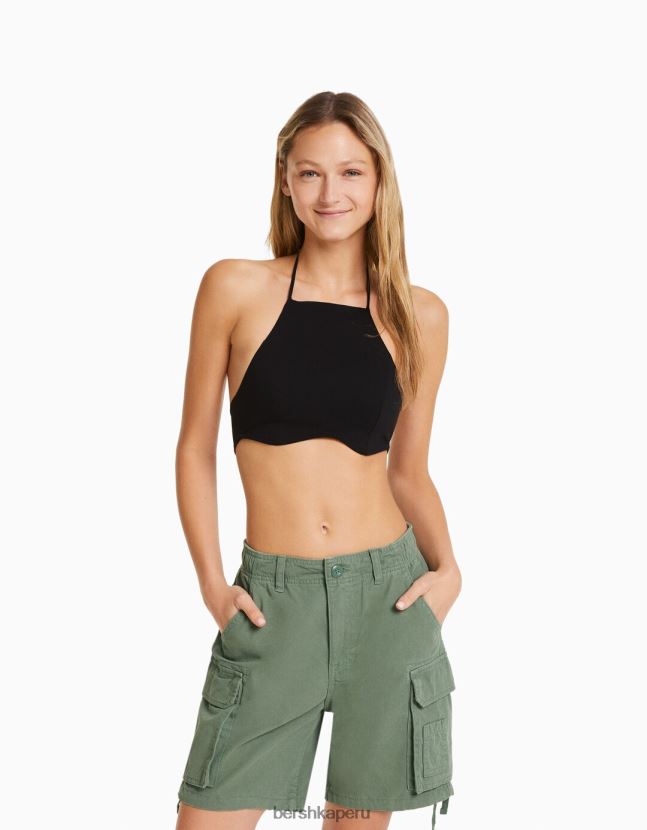 caqui Bershka mujer bermudas cargo de algodón con tirantes 806J6B1298
