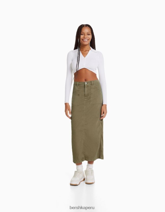 caqui Bershka mujer falda midi de carpintero de algodón 806J6B1372