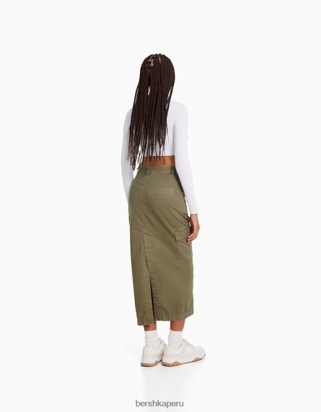caqui Bershka mujer falda midi de carpintero de algodón 806J6B1372