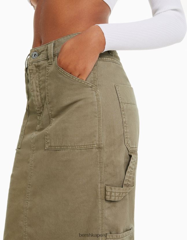 caqui Bershka mujer falda midi de carpintero de algodón 806J6B1372