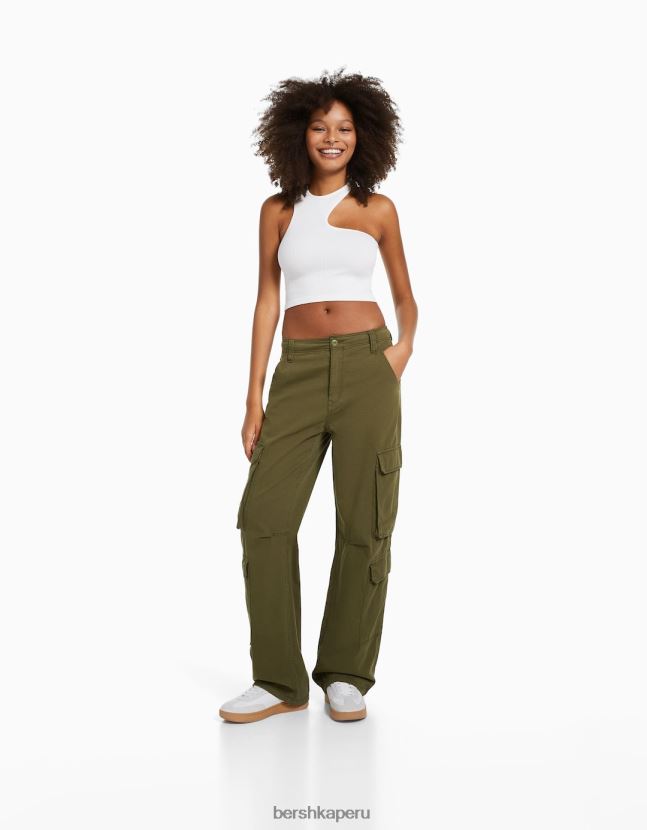 caqui Bershka mujer pantalones cargo de sarga ajustables con múltiples bolsillos 806J6B1322