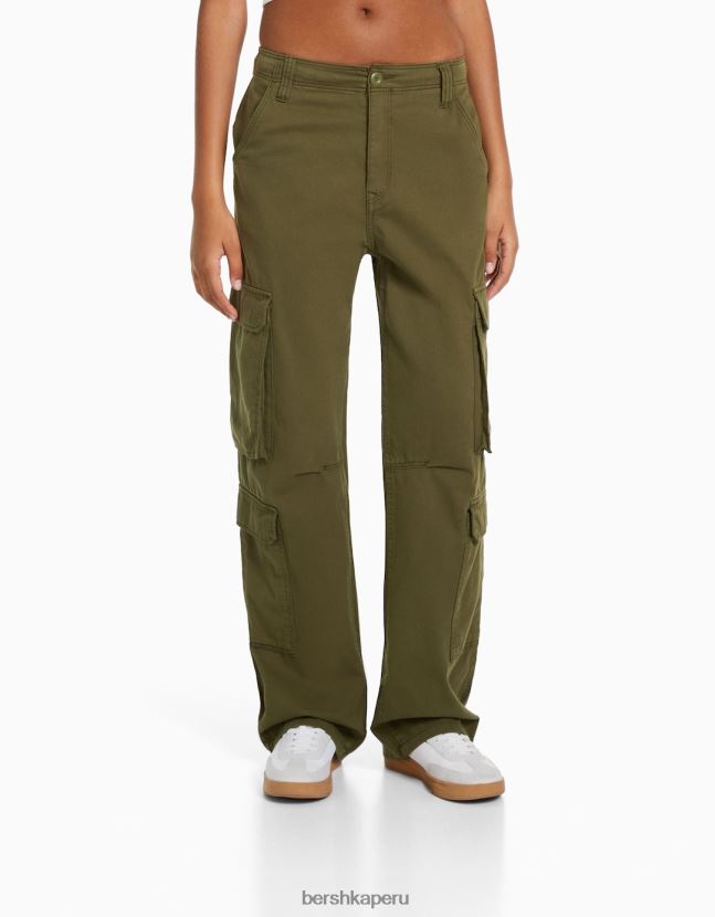 caqui Bershka mujer pantalones cargo de sarga ajustables con múltiples bolsillos 806J6B1322