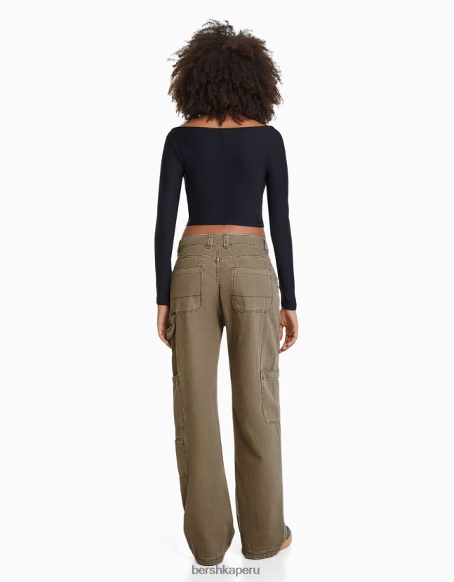 caqui Bershka mujer pantalones de carpintero holgados de lona 806J6B1320