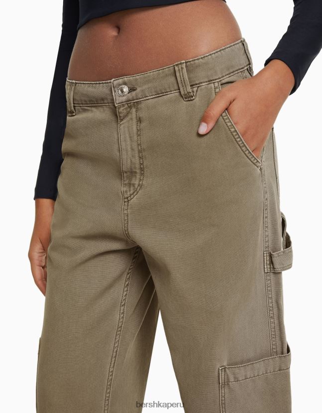caqui Bershka mujer pantalones de carpintero holgados de lona 806J6B1320