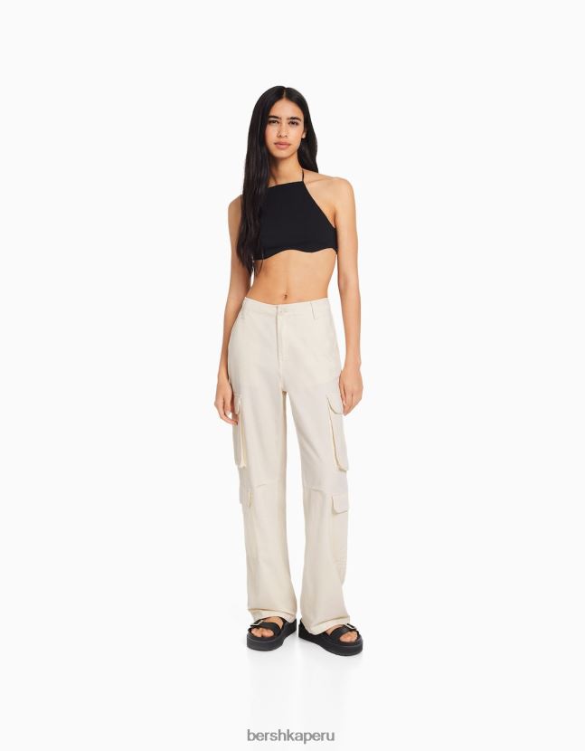 crema Bershka mujer pantalones cargo de sarga ajustables con múltiples bolsillos 806J6B1299