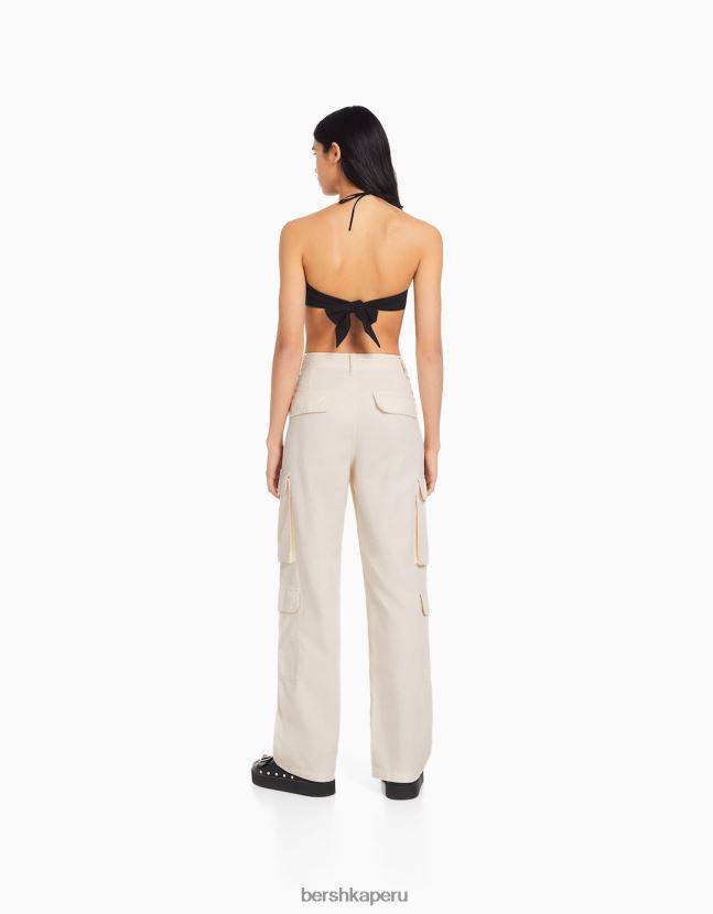 crema Bershka mujer pantalones cargo de sarga ajustables con múltiples bolsillos 806J6B1299