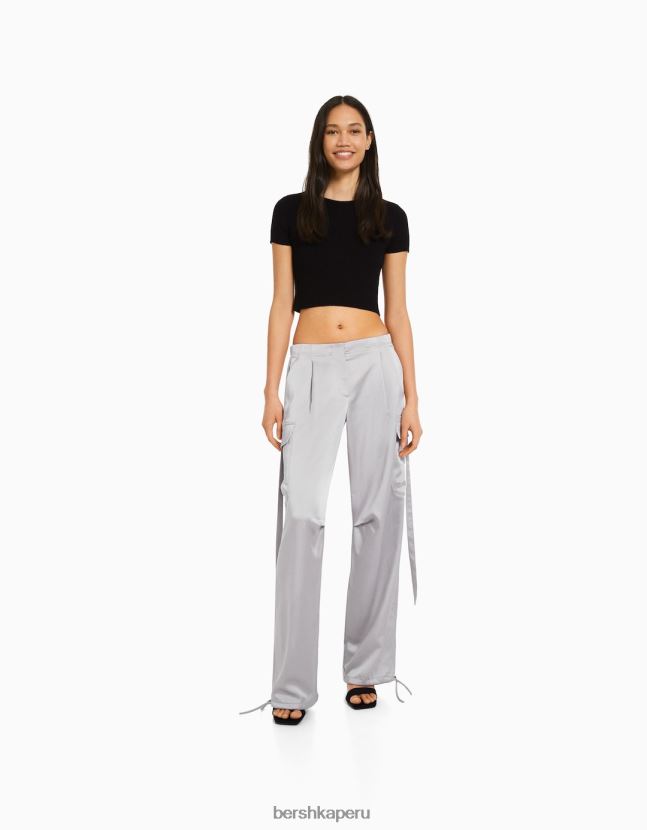 gris Bershka mujer pantalones cargo de raso con bajos ajustables 806J6B1357