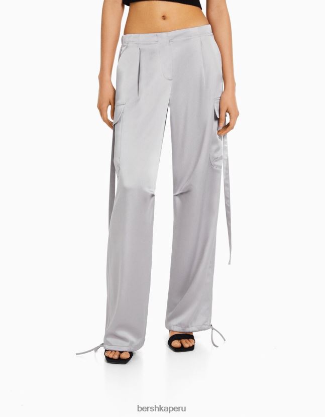 gris Bershka mujer pantalones cargo de raso con bajos ajustables 806J6B1357