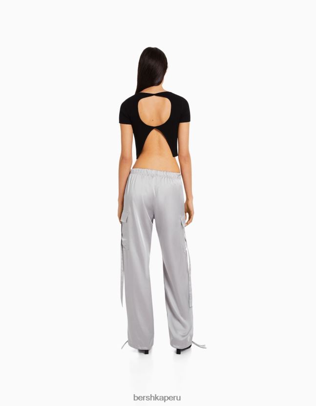 gris Bershka mujer pantalones cargo de raso con bajos ajustables 806J6B1357