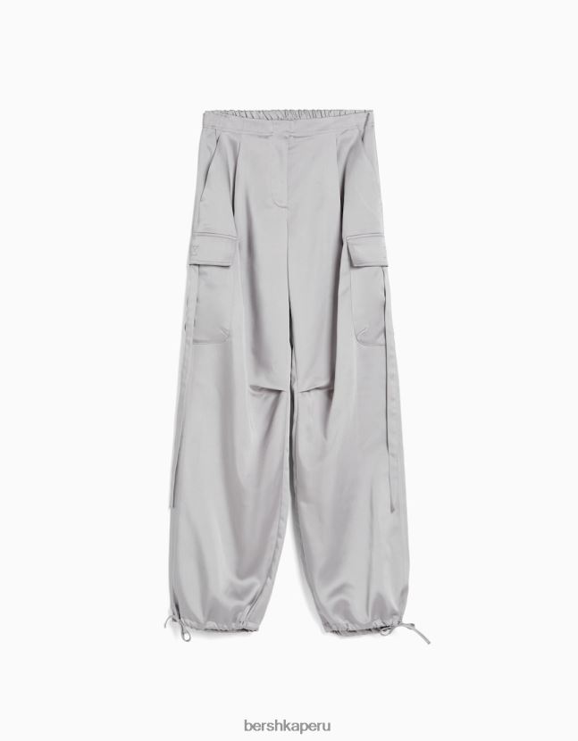 gris Bershka mujer pantalones cargo de raso con bajos ajustables 806J6B1357