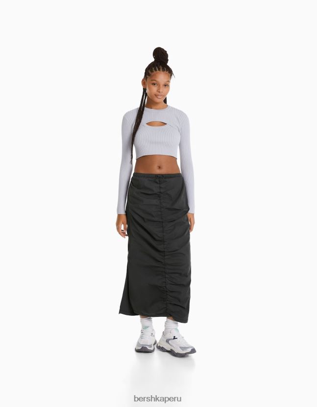 gris oscuro Bershka mujer falda vaquera larga con frente fruncido 806J6B1377