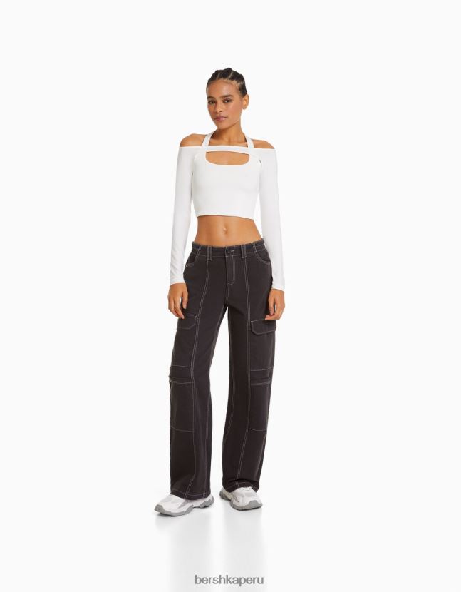 gris oscuro Bershka mujer pantalones cargo de algodón de tiro bajo con hilo en contraste 806J6B1362