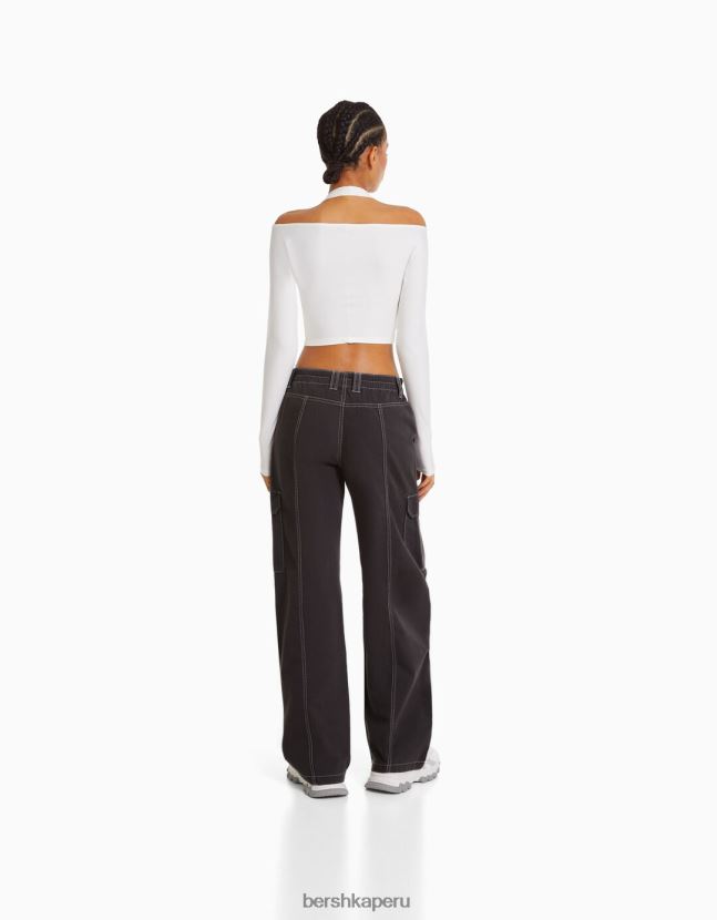gris oscuro Bershka mujer pantalones cargo de algodón de tiro bajo con hilo en contraste 806J6B1362