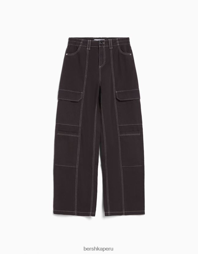 gris oscuro Bershka mujer pantalones cargo de algodón de tiro bajo con hilo en contraste 806J6B1362