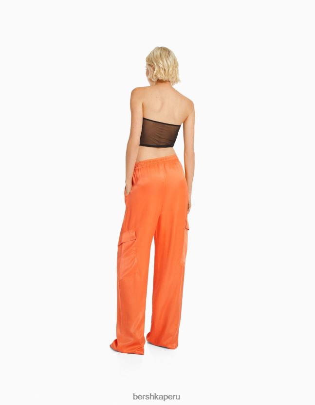 naranja Bershka mujer pantalones anchos de raso con bolsillo 806J6B1326