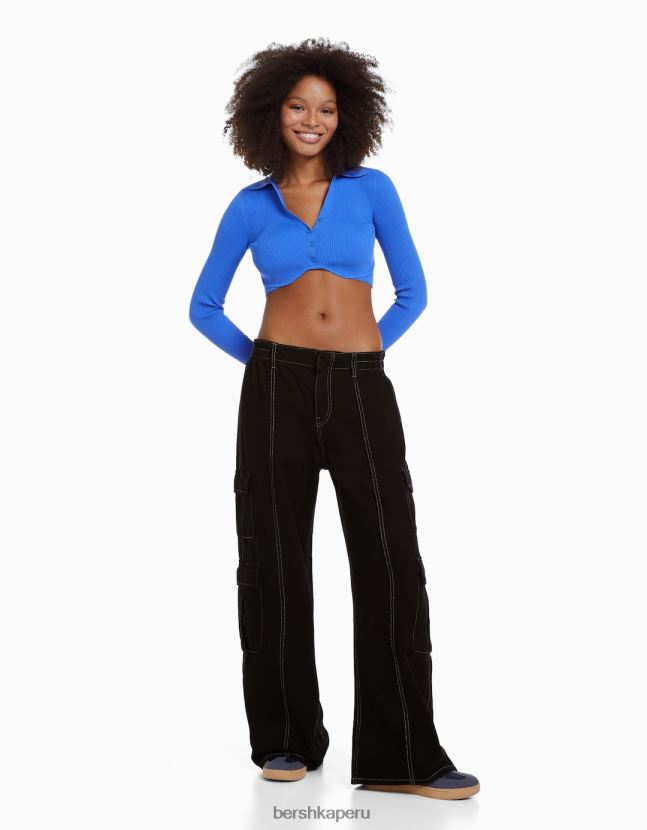 negro Bershka mujer jeans cargo con pernera ancha y múltiples bolsillos 806J6B1303