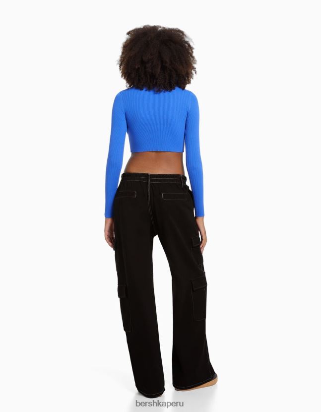 negro Bershka mujer jeans cargo con pernera ancha y múltiples bolsillos 806J6B1303