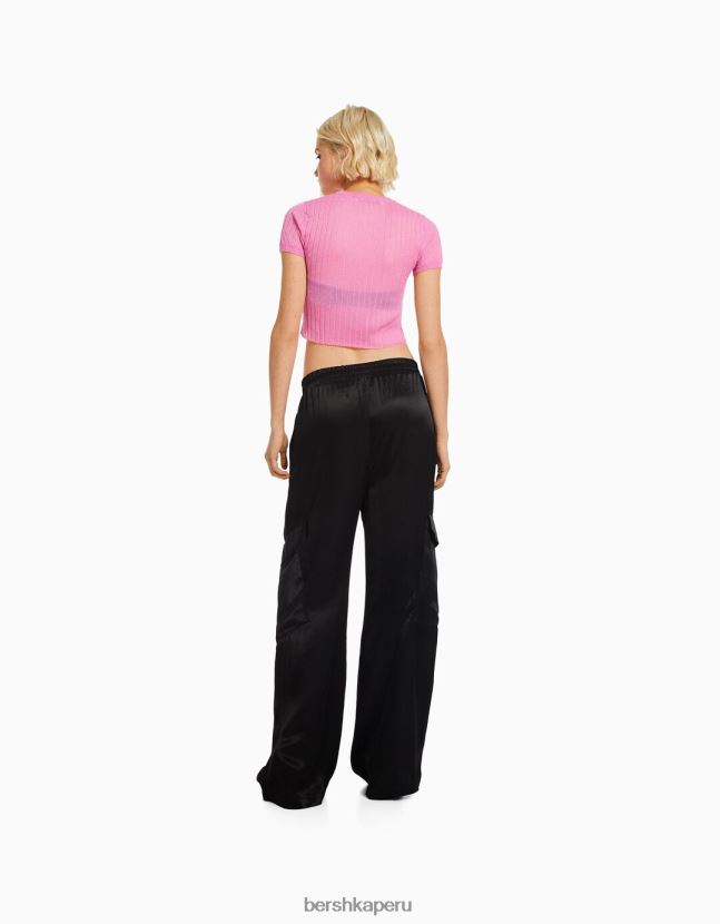 negro Bershka mujer pantalones anchos de raso con bolsillo 806J6B1325