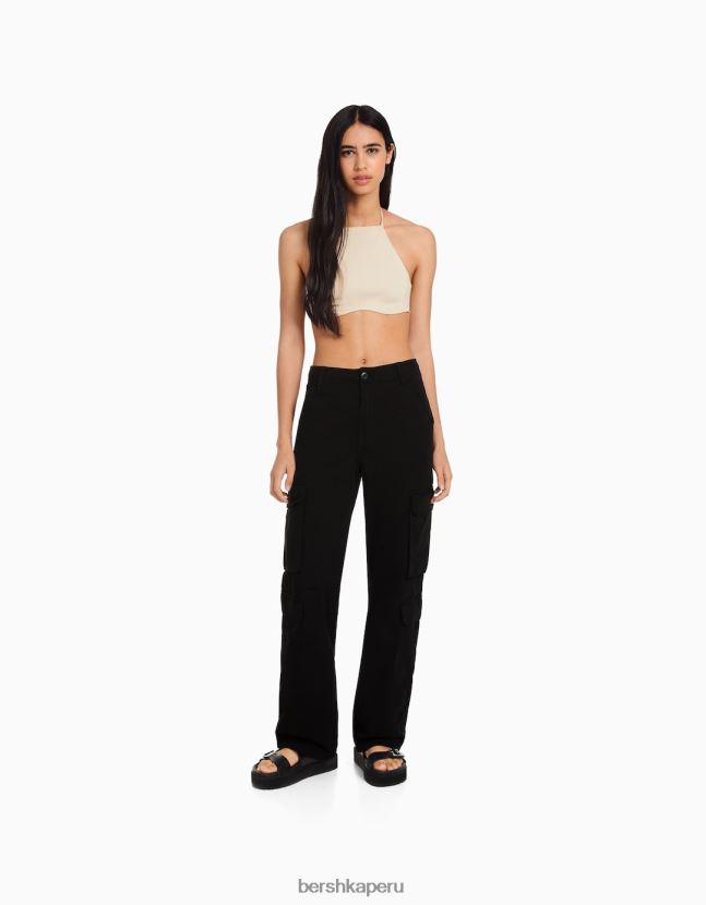 negro Bershka mujer pantalones cargo de sarga ajustables con múltiples bolsillos 806J6B1294