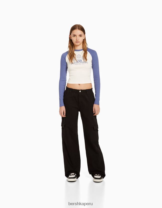 negro Bershka mujer pantalones cargo de sarga de corte recto con cinturilla elástica 806J6B1396