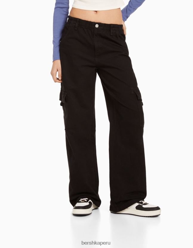 negro Bershka mujer pantalones cargo de sarga de corte recto con cinturilla elástica 806J6B1396