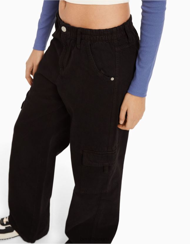 negro Bershka mujer pantalones cargo de sarga de corte recto con cinturilla elástica 806J6B1396