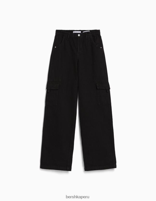 negro Bershka mujer pantalones cargo de sarga de corte recto con cinturilla elástica 806J6B1396