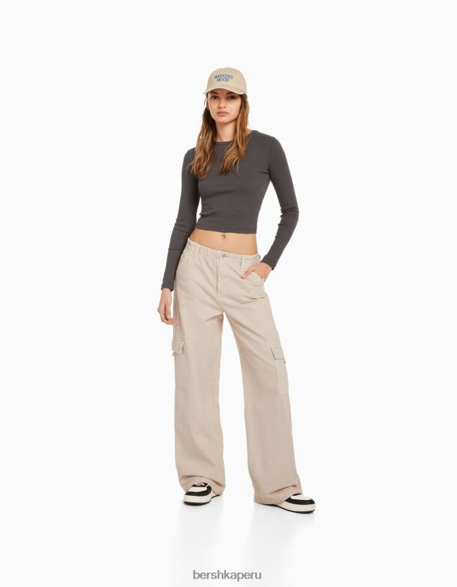 piedra Bershka mujer pantalones cargo de sarga de corte recto con cinturilla elástica 806J6B1394
